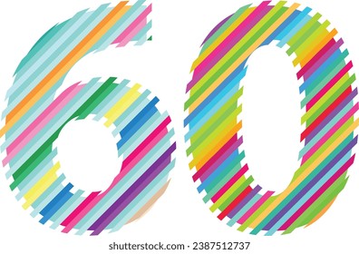 multi colors diagonal line number sixty, number sixty vector illustration, isolated on white background.