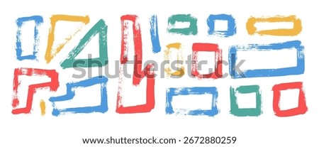 Multi colors geometric shapes brush stroke set. Painted triangles and squares isolated on transparent background. Grunge rough textured shapes. Urban street geometry figures. Vector illustration.