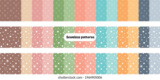 Multi colors palette cute seamless patterns in stars for kids, baby shower. seamless texture, textile print, pastel backgrounds for invitation, birthday party, scrapbook, gift paper.