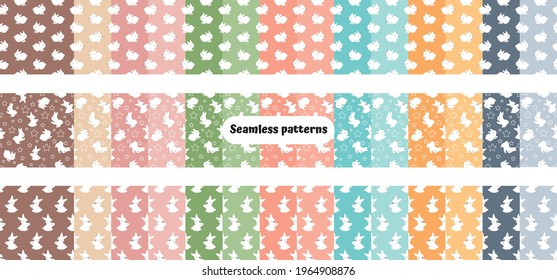 Multi colors palette cute seamless patterns in bunny and stars for kids, seamless texture, textile print, pastel backgrounds for invitation, birthday party, scrapbook, gift paper.