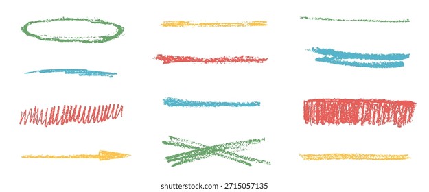 Conjunto de creiom sublinhado de várias cores. Linhas de lápis do traçado do pincel. Listra texturizada desenhada à mão, elementos de ênfase à mão livre. Seta de giz, destaques de rabisco. Marcas de texto de giz de cera vetorial isoladas em bg branco.