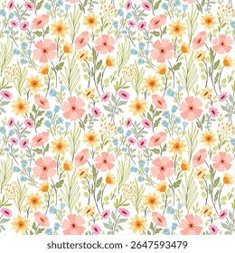 Multi Color Flat Hermosas margaritas y flores silvestres Estilo de jardín sin costuras suave pastel look floral Patrón diseño plano y fondo