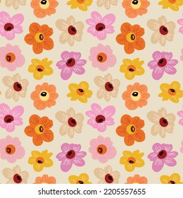 Multi colour fresh floral pattern. Spring vibe flower pattern. Yellow, orange and pink flower pattern. Seamless pastel design for wallpaper or textile print.