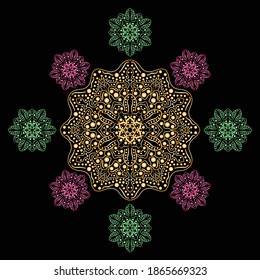 Multi colour lines and many dots combine to mandala pattern that most pink green and yellow tone