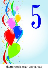 Multi coloured balloons, confetti and streamers, a party image with the numeral 5
