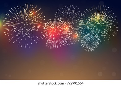 multi coloured of fireworks vector on dark sky and orange background 