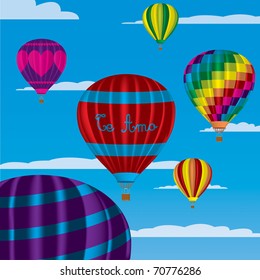 Multi coloured hot air balloons with "Te Amo" in vector format on a sky background.