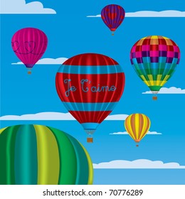 Multi coloured hot air balloons with "Je T'aime" in vector format on a sky background.