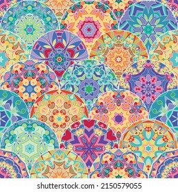 Multi coloured intricate Kaleidoscope seamless pattern, with layers and grouped individual circle to be used later separately