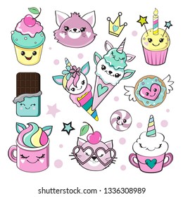 Multi Coloured sweets with eyes and unicorn in kawaii style on a white background