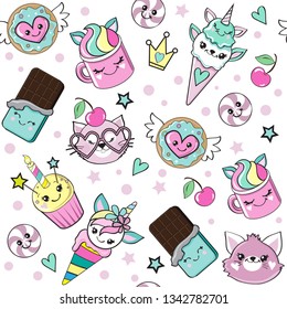 Multi Coloured sweets with eyes and unicorn in kawaii style seamless pattern