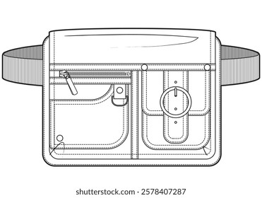 multi compartment fanny pack flat sketch vector illustration technical cad drawing template	
