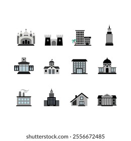 Multi concept design Buildings icons set |Building flat icons set Bank shop office school hotel church public building icons