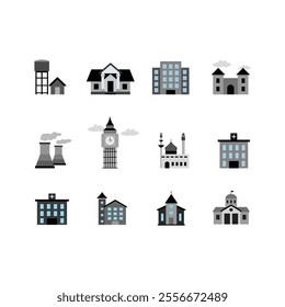 Multi concept design Buildings icons set |Building flat icons set Bank shop office school hotel church public building icons