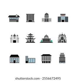 Multi concept design Buildings icons set |Building flat icons set Bank shop office school hotel church public building icons