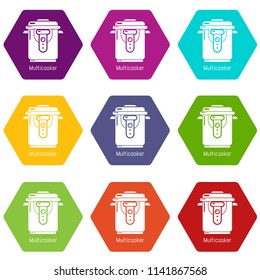 Multi cooker icons 9 set coloful isolated on white for web