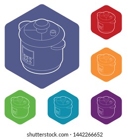 Multi cooker icons vector colorful hexahedron set collection isolated on white