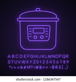 Multi cooker neon light icon. Slow cooker. Crock pot. Pressure multicooker. Kitchen appliance. Glowing sign with alphabet, numbers and symbols. Vector isolated illustration