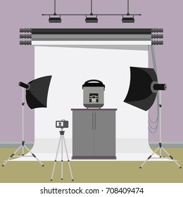 Multi cooker in photo studio. Flat vector illustration