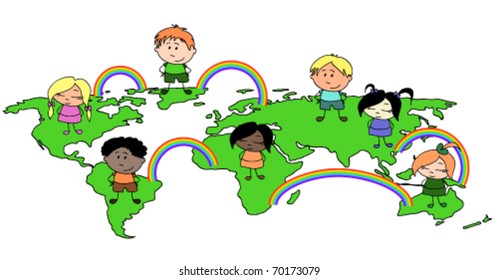 Multi culture kids on the world map