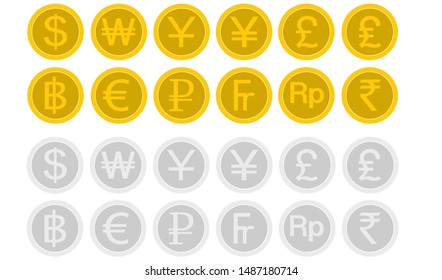 Multi currency coins vector silver and gold.