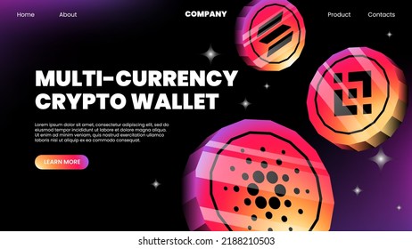 Multi Currency Crypto Wallet Banner. Website Landing Page Template. Vector Illustration