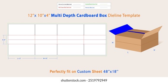 Caixa de papelão ondulada de profundidade múltipla 12L x 10W x 4H para embalagem. Uma caixa é um contêiner com uma estrutura dimensional usada para armazenar, proteger e transportar itens.