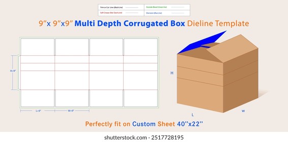 Caixa de papelão ondulado de profundidade múltipla, 9L x 9 W x 9 H, Kraft, para transporte. Uma caixa é um contêiner com uma estrutura dimensional usada para armazenar, proteger e transportar itens.