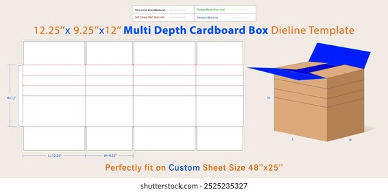 Multi Depth Corrugated Cardboard Box 12.25 L x 9.25 W x 12 H, Kraft, for Shipping. A box is a container with a dimensional structure used to store, protect, and transport items.