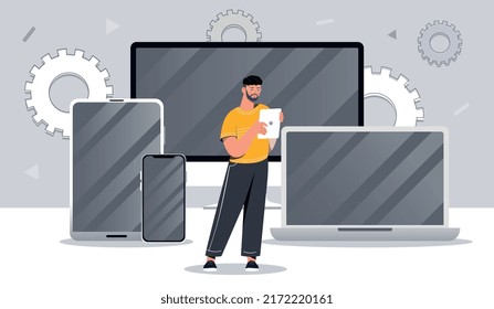 Multi device concept. Man with tablet on background of laptop, computer and other devices. Wireless connection and cloud management of gadgets. Modern technologies. Cartoon flat vector illustration