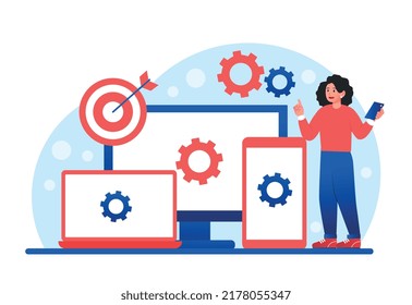 Multi device concept. Woman next to smartphone, tablet, tv and laptop. Synchronization of gadgets, wireless connection. Cloud storage, app and software updates. Cartoon flat vector illustration