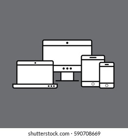 Multi Device Icons: smartphone, tablet, laptop and desktop computer. Vector illustration of responsive web design