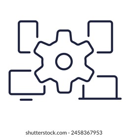 Multi device line icon. Set of electronic devices. Cross platform app. Smartphone, tablet, desktop computer, laptop and gear. Outline symbol. Editable vector stroke. Pixel Perfect.
