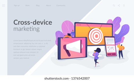 Multi device targeting, reaching audience, cross-device marketing concept. Website homepage interface UI template. Landing web page with infographic concept hero header image.