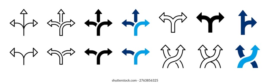 Multi direction arrows icon collection. Minimalist split multiple paths, and alternative route icon set. Vector transparent and PNG background