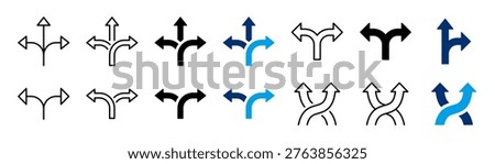 Multi direction arrows icon collection. Minimalist split multiple paths, and alternative route icon set. Vector transparent and PNG background