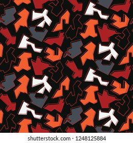 Multi Directional Abstract Shapes Seamless Vector Pattern. Random Jigsaw Mosaic Texture for Trendy Hipster Style Decor, Geometric Wallpaper, Masculine Backdrops. All Over Red Black Background Design.