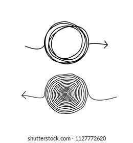 Multi directional scribble insane arrows as illustration of brainstorming complexity. Embarrassing and chaos with hard solution ink vector sketch. Solving a complex problem or quest