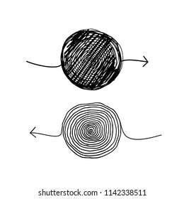 Multi directional scribble insane arrows as illustration of brainstorming complexity. Embarrassing and chaos with hard solution ink vector sketch. Solving a complex problem or quest