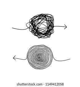 Mehrfach-richtungsweisende, verrückte Pfeile als Illustration der Brainstorming-Komplexität. Embarrassing und Chaos mit harter Lösung Tinte Vektorgrafik. Lösung eines komplexen Problems oder einer komplexen Aufgabe