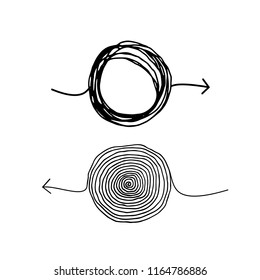 Multi directional scribble insane arrows as illustration of brainstorming complexity. Embarrassing and chaos with hard solution ink vector sketch. Solving a complex problem or quest