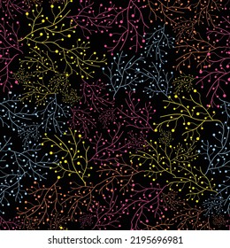 Multi doodle seaweeds art on black vector seamless pattern background texture. Artistic colourful backgrounds prints. For textile, paper, wrapping and more