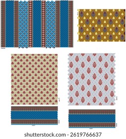 Multi Elegant Saree Fabric Design with Ornate Borders and Classic Body Motifs with Different Colours – Cultural Fashion Artwork