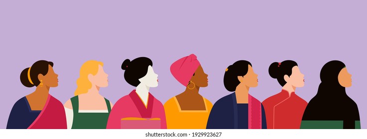 Multi ethnic beautiful women. Women of different ethnicity: African, Asian, Chinese, European, Arab. Women different nationalities and cultures. The struggle for rights, independence, equality