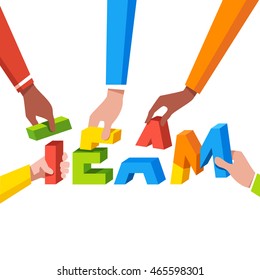 Multi ethnic business group hands working together building colorful team word from letter parts. Modern flat style concept vector illustration isolated on white background.