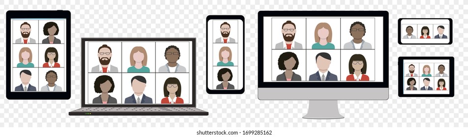 Multi Ethnic Business Team Hangout And Have Remote Video Meeting Online On Computer Laptop Cellphone And Tablet Zoom Screen Distant Conference Concept