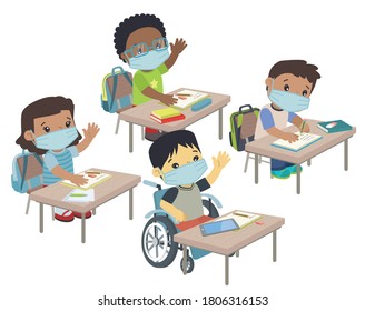 Multi Ethnic Children Children Sitting at School Desk, Children with Disabilities in Classroom with Health Masks Covid 19 Prevention