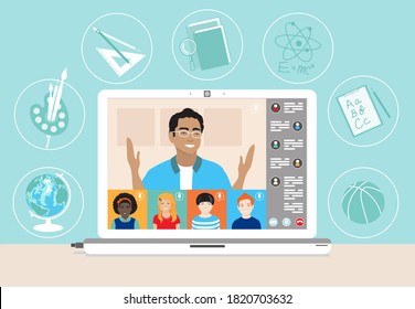 Multi ethnic class of children remotely learn online using web app. Schoolkids, male teacher, lesson chat, laptop screen, subject icons.  School distance education during coronavirus covid-19 pandemic