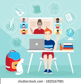 Multi ethnic class of young children remotely learn home online using web app. School boy and female teacher at lesson, laptop screen, subjects distance education during coronavirus covid-19 pandemic