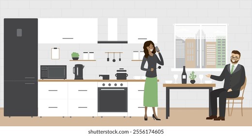 Multi ethnic couple in kitchen interior with various furniture and electronic gadgets. Brick wall on background. Dating at home, people talking on kitchen room, family. flat vector illustration